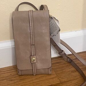 Elegant taupe/tan Leather phone wallet Crossbody Bag